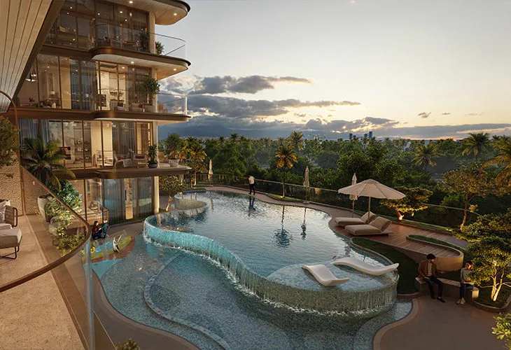 113 Residences — official leisure-pool deck render at dusk