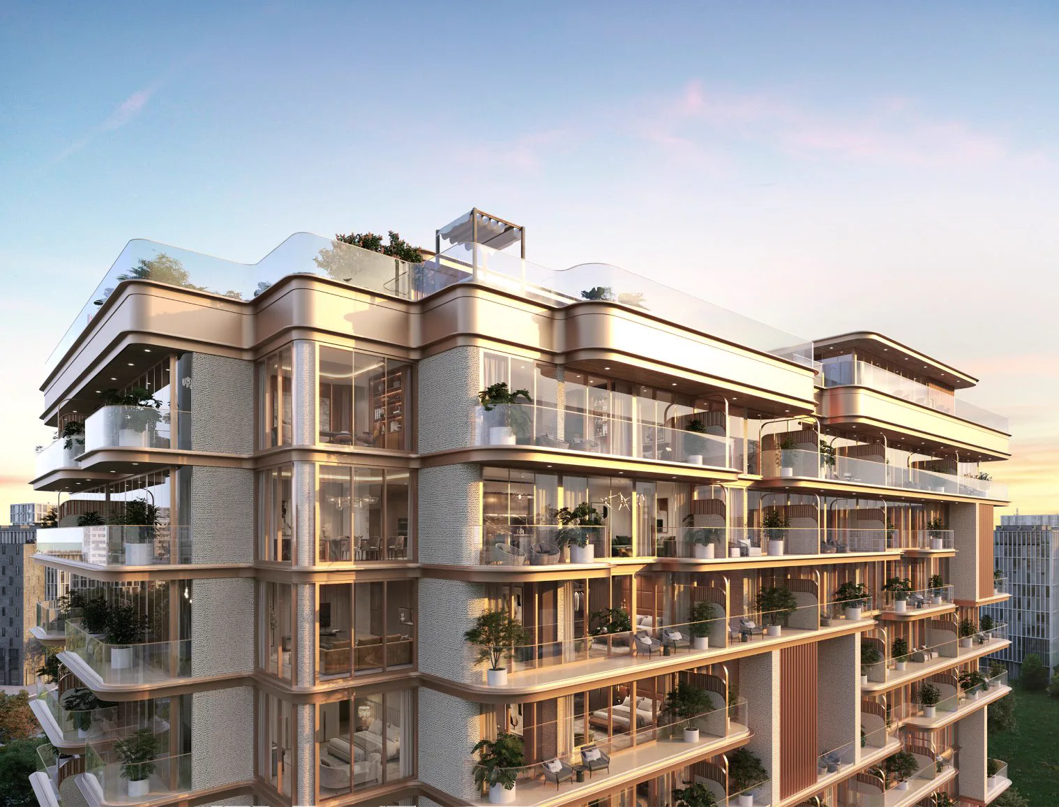 113 Residences — official dusk close crop of the curved terrace crown