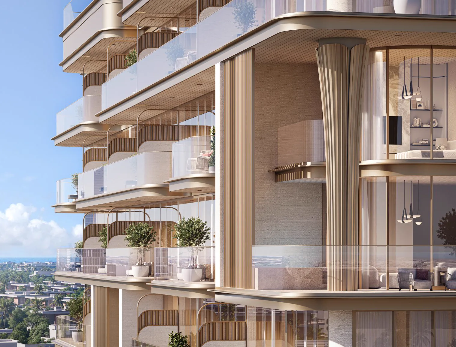 113 Residences — official close crop of stacked glass terraces and fluted columns