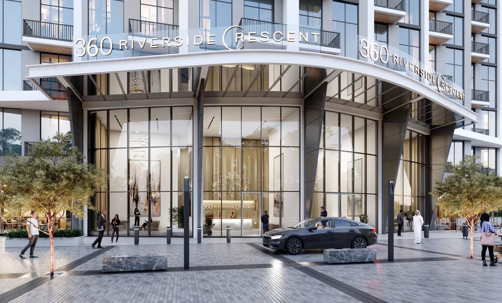 360 Riverside Crescent — entrance render with project signage