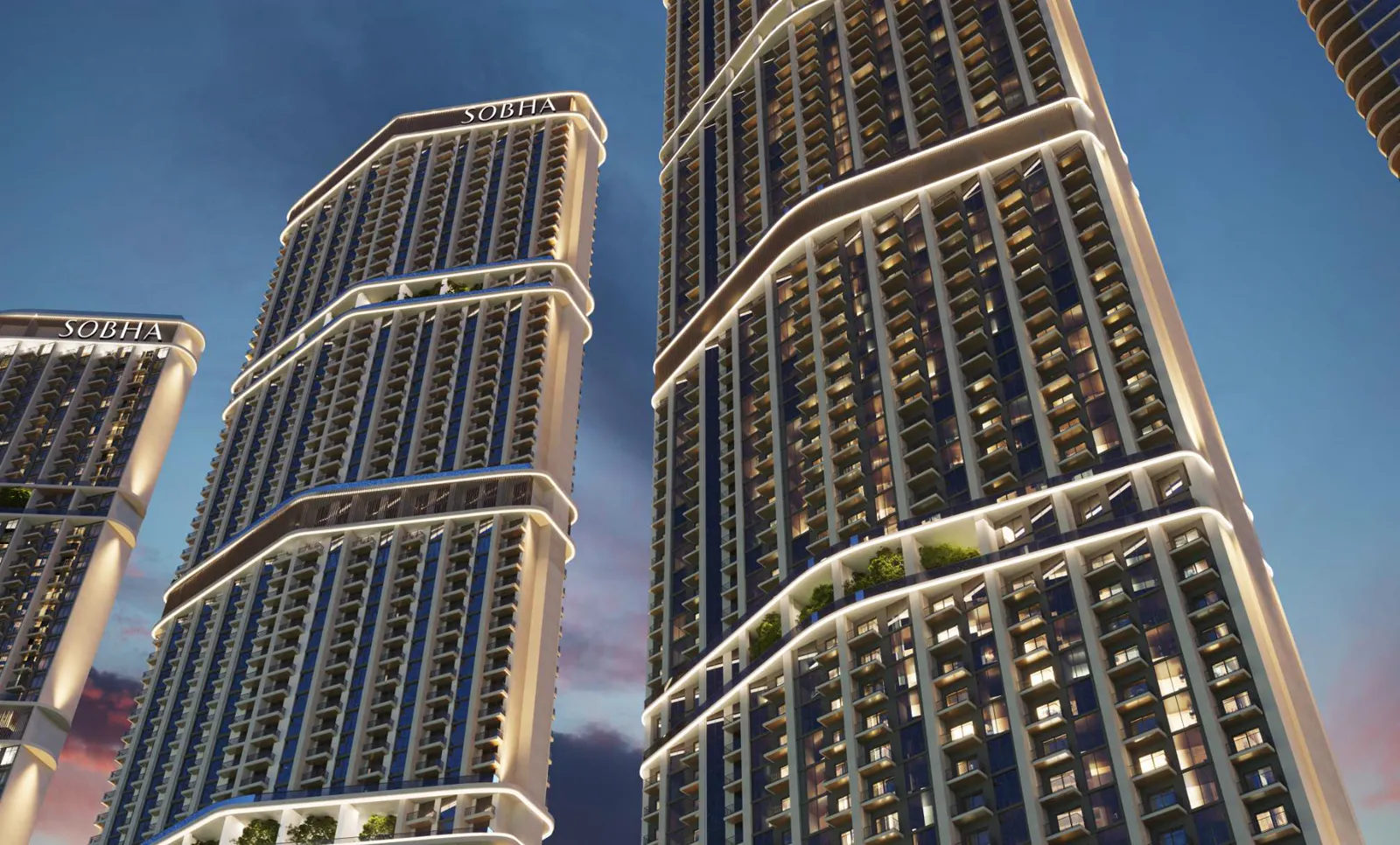 360 Riverside Crescent — twin tower facade render at dusk