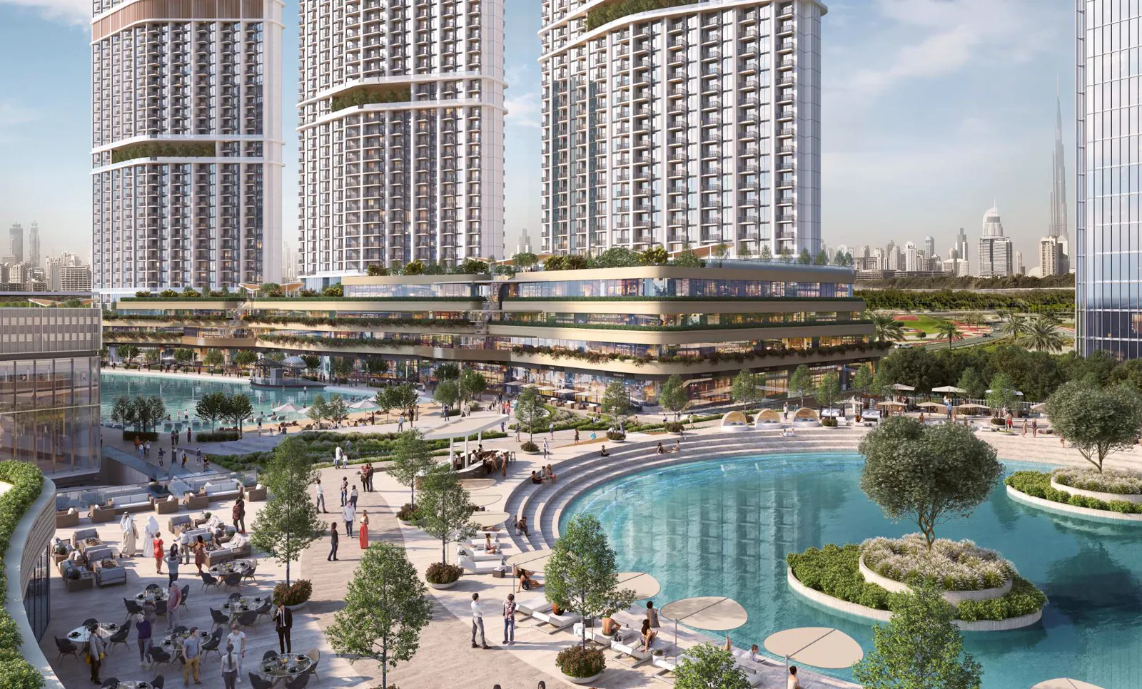 360 Riverside Crescent — podium plaza and pool render