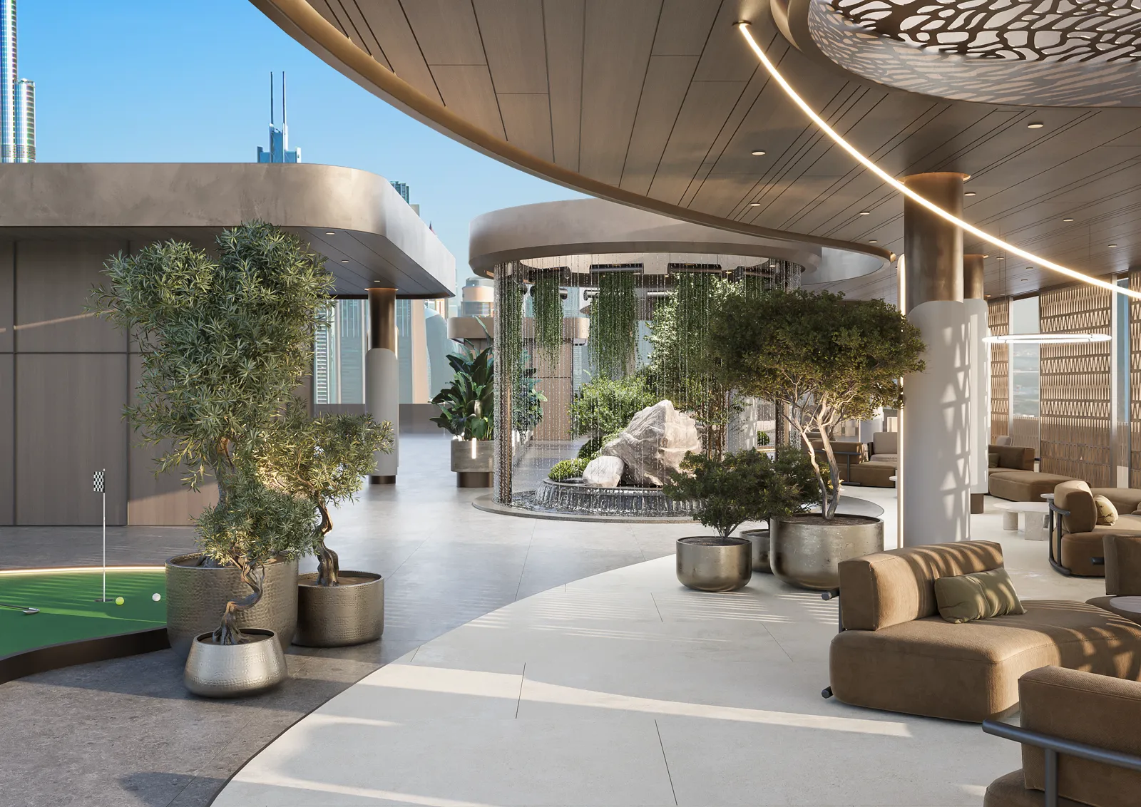368 Park Lane — official rooftop miniature-golf putting green beside a hanging-garden fountain