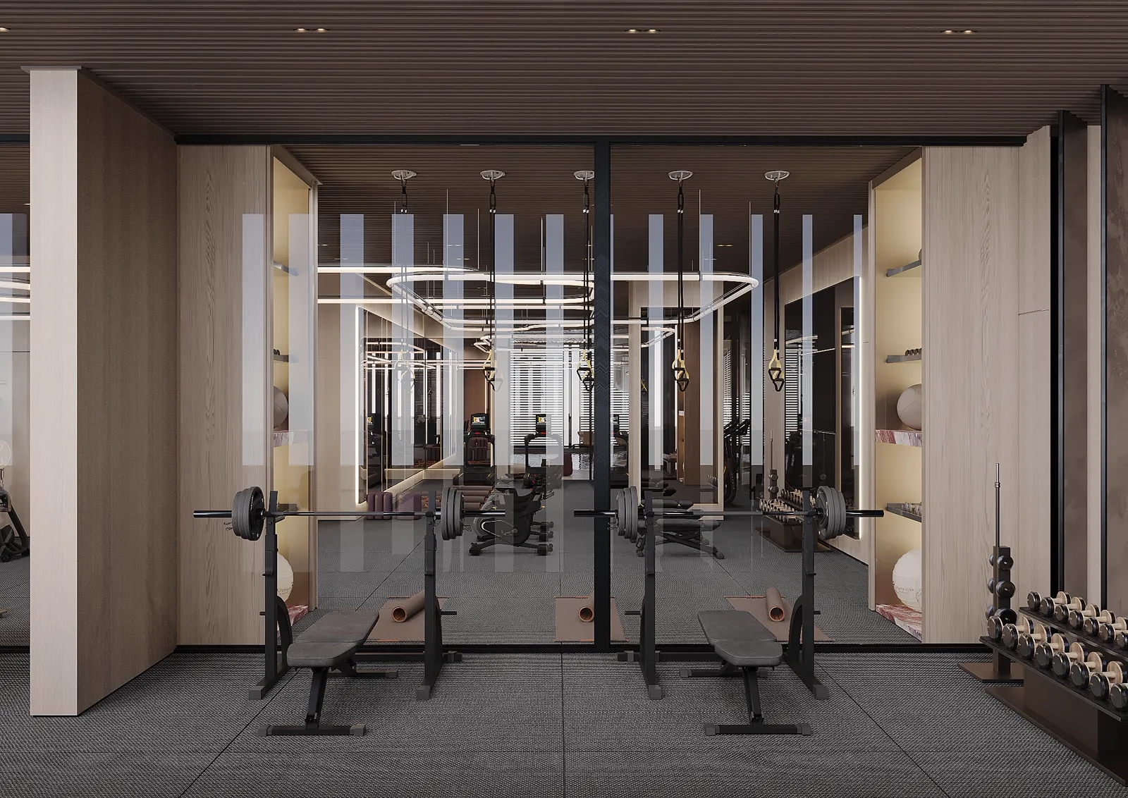 368 Park Lane — official fitness studio looking through glass into the gym