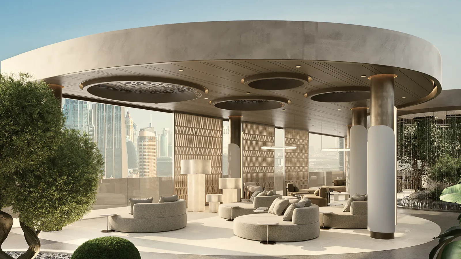 368 Park Lane — official rooftop lounge with circular seating and a city view