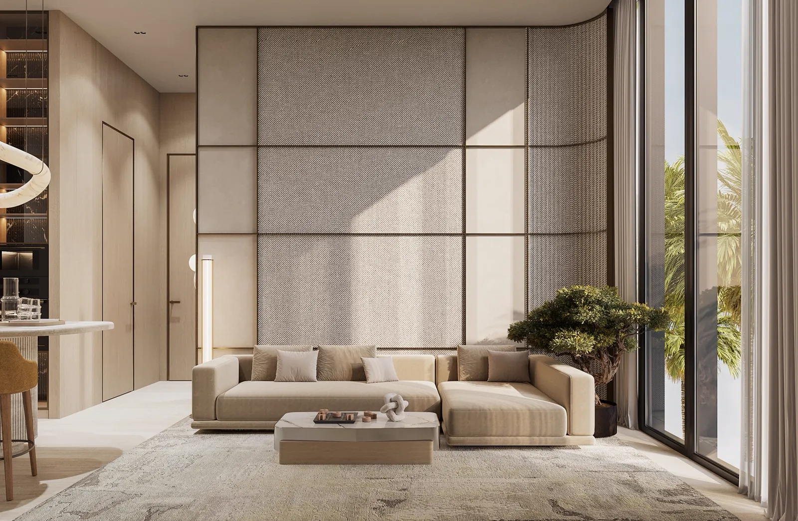 368 Park Lane — official living-room interior with a fabric wall and floor-to-ceiling glass