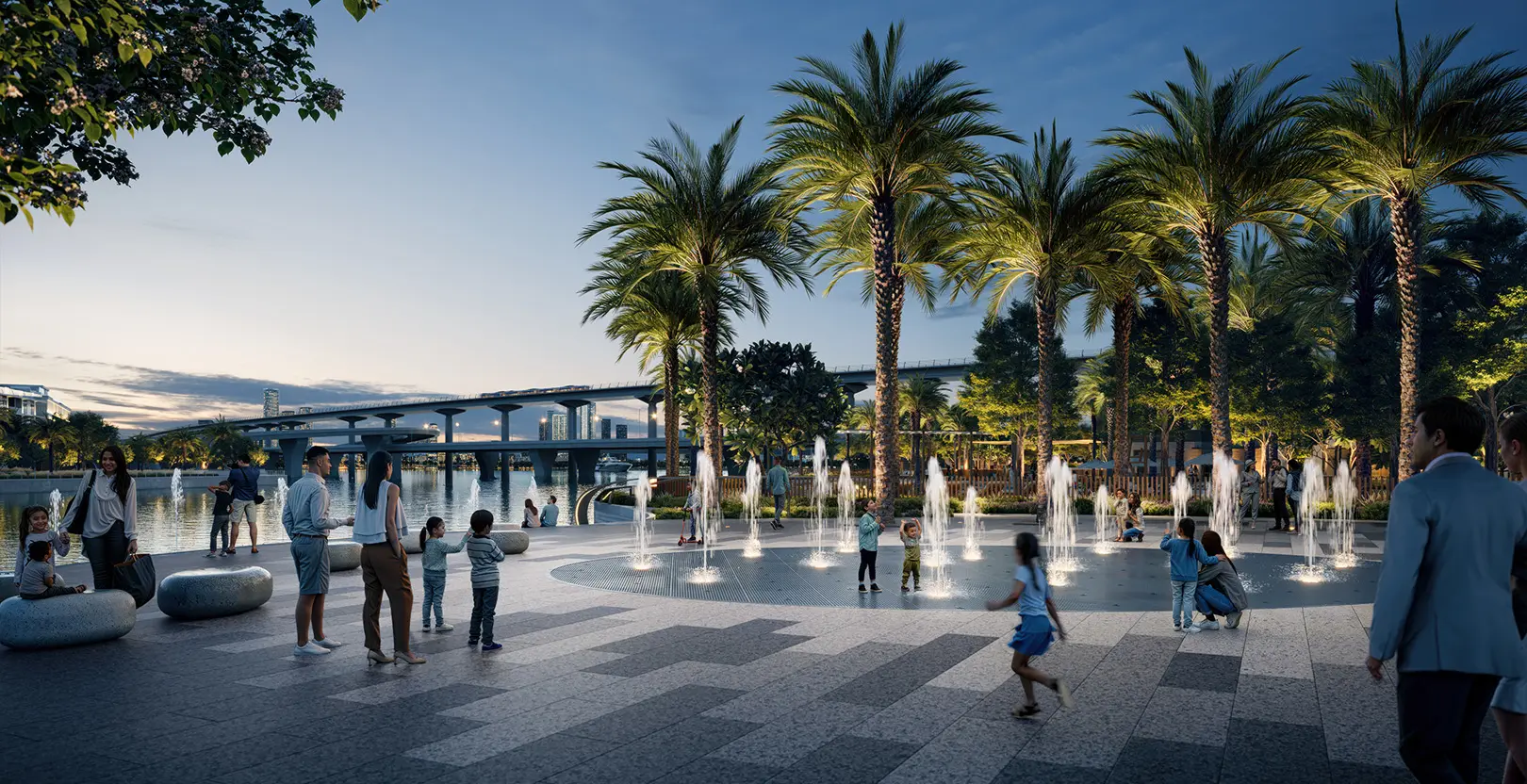 Address Residences at Dubai Creek Harbour — waterfront fountain plaza marketing still
