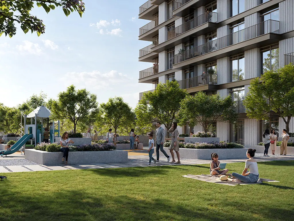 Address Residences at Dubai Creek Harbour — façade and podium park marketing still