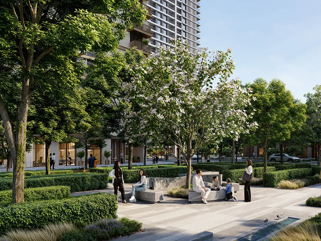 Address Residences at Dubai Creek Harbour — landscaped base and tower marketing still