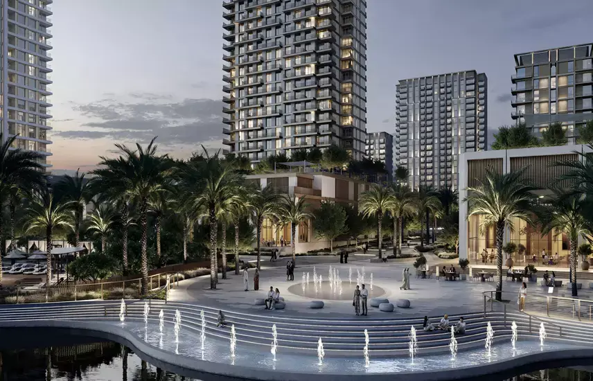 Address Residences at Dubai Creek Harbour — tower and plaza exterior marketing still