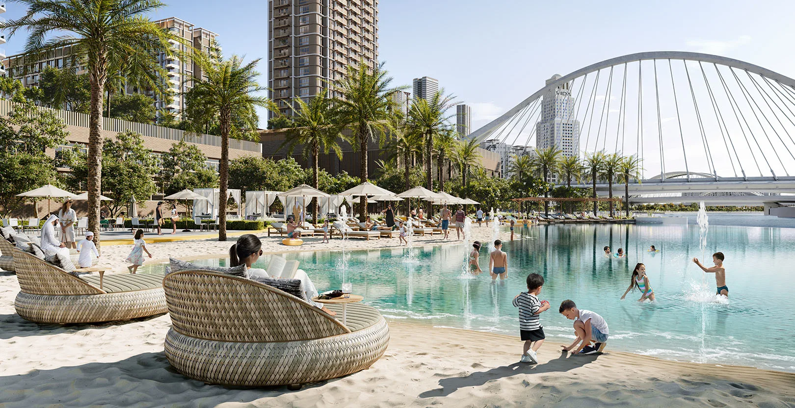 Aeon at Dubai Creek Harbour — Creek Beach lagoon and sand marketing still from the official product page