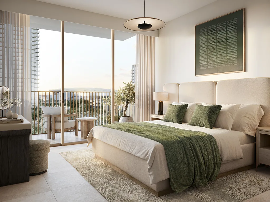 Aeon at Dubai Creek Harbour — official bedroom marketing still with balcony looking toward the creek
