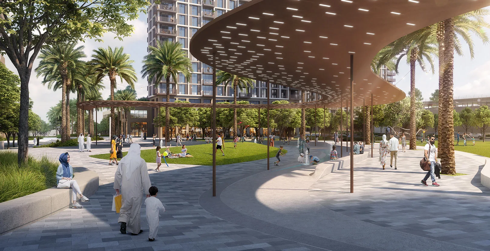 Aeon at Dubai Creek Harbour — official still of the curved shade canopy and plaza beside the towers
