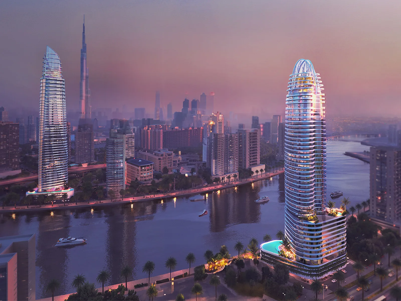 Altitude de GRISOGONO canal still — official arched-crown tower on the Dubai Water Canal at dusk (neighbour tower on the far bank is not this product)