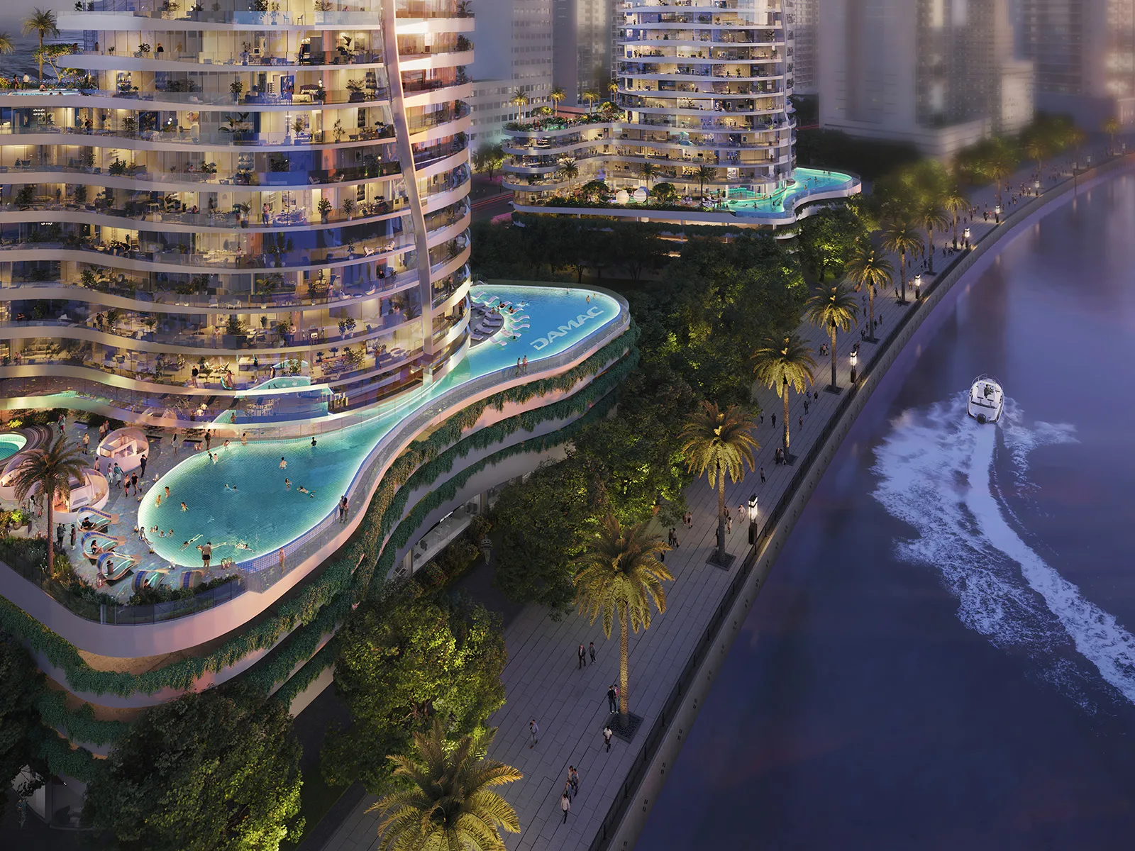 Altitude de GRISOGONO podium still — DAMAC-branded pool terrace on the canal promenade