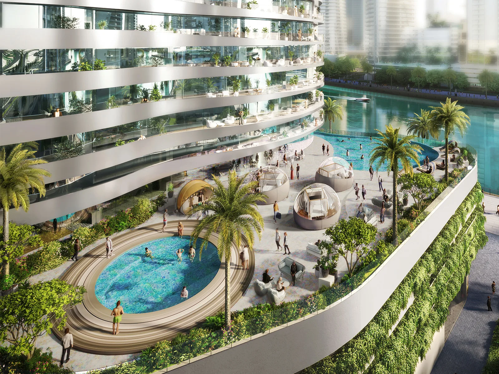 Altitude de GRISOGONO amenity still — official podium pool, relaxation pods and stacked terrace rings