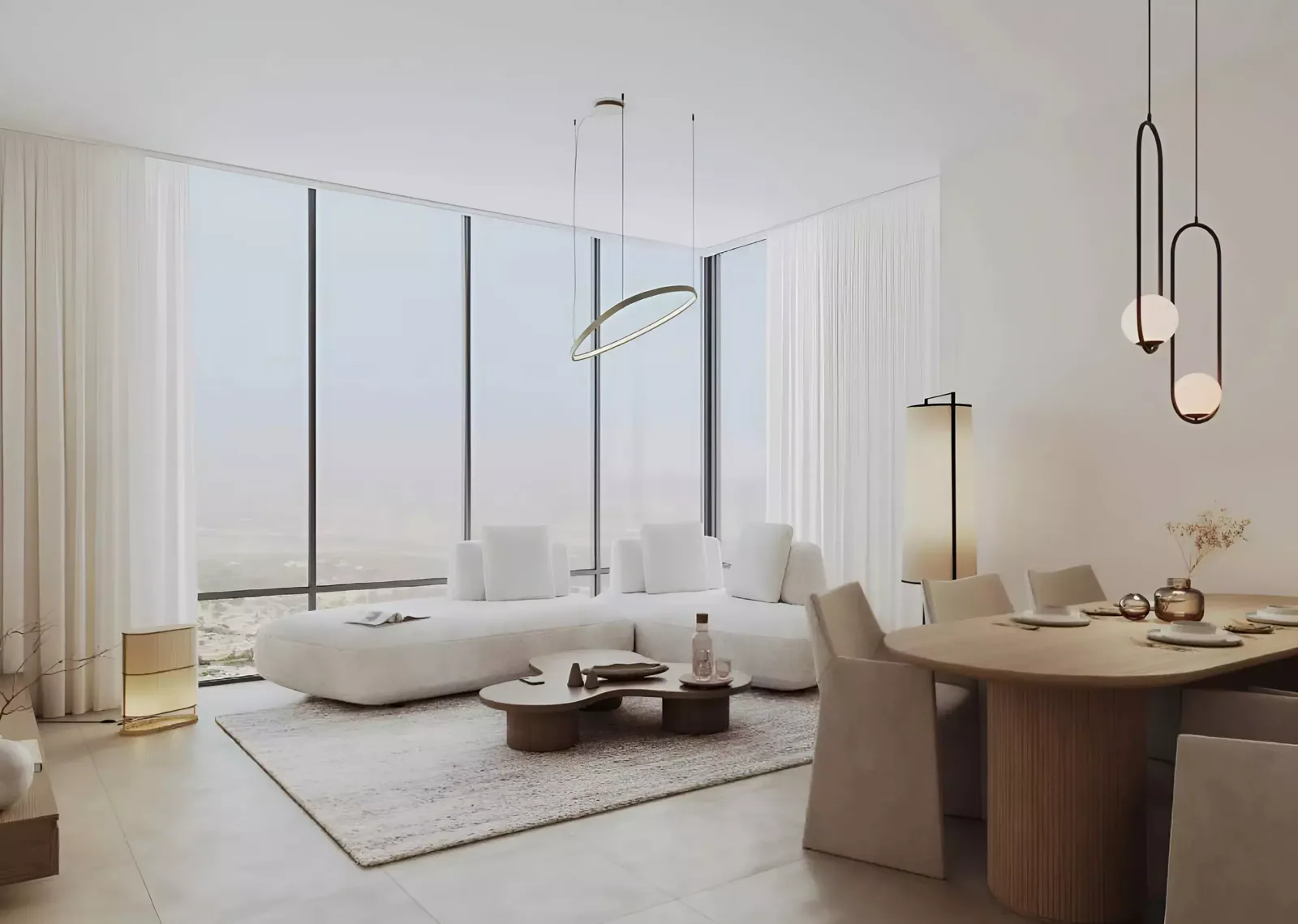 Leftover Property Finder Altura apartment interior still — living and dining room with floor-to-ceiling glass
