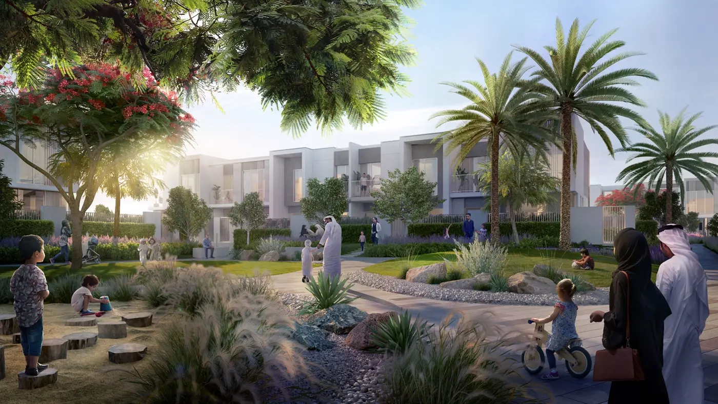 Alva 2 at The Valley — pocket-park marketing still with townhouse backs and family outdoor living