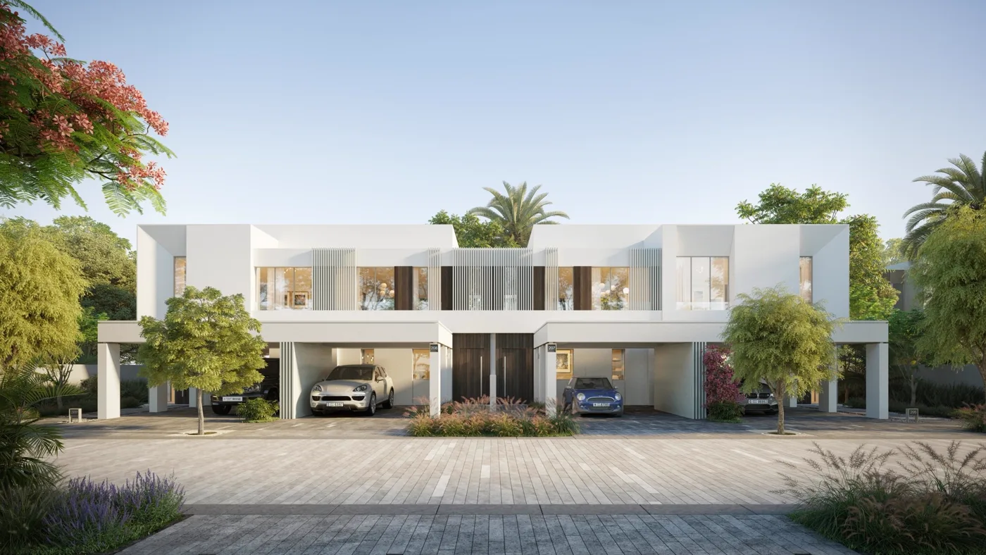 Alva 3 at The Valley — marketing still of a white paired townhouse façade with carports and two driveways