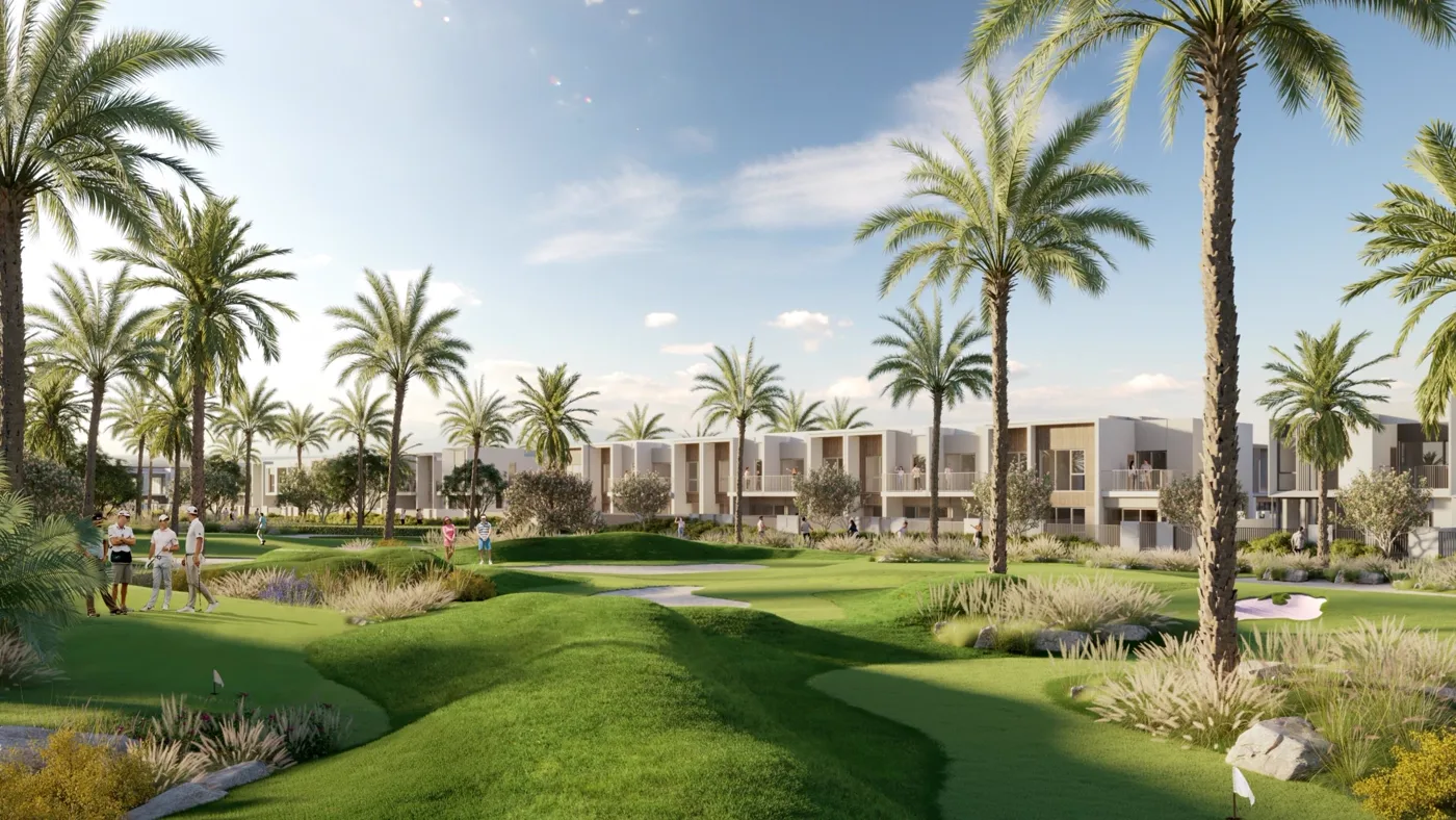 Alva 3 at The Valley — marketing still of a beige townhouse terrace facing landscaped green and palms
