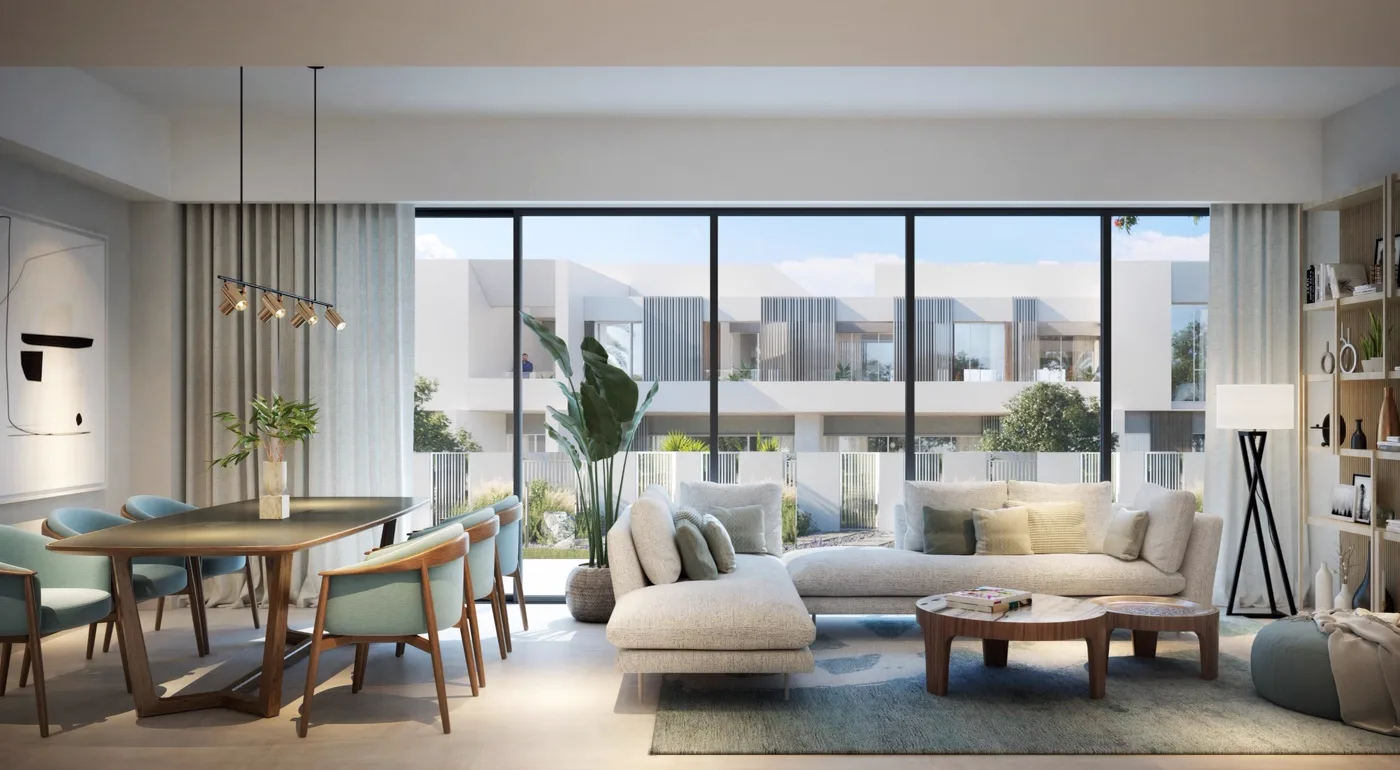 Alva 3 at The Valley — open-plan living and dining marketing still looking out to a townhouse terrace