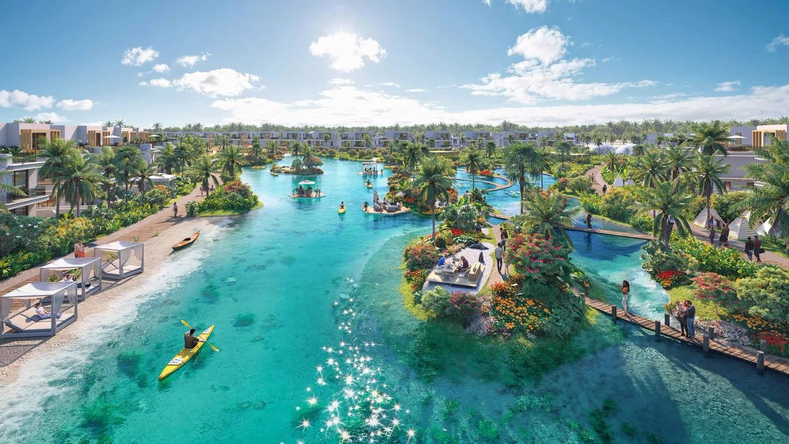 DAMAC Islands 2 marketing lagoon scene with kayaks and low-rise homes (Antigua broker gallery context)