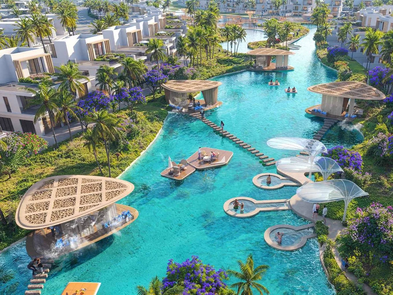 Antigua at DAMAC Islands 2 — marketing still of villa clusters around a resort pool with purple landscaping