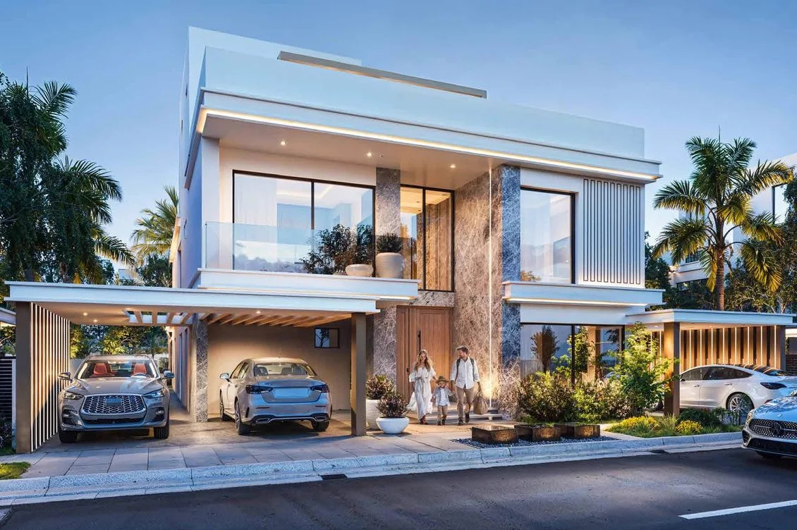 Antigua marketing still of a modern multi-storey villa facade at dusk with driveway and palms
