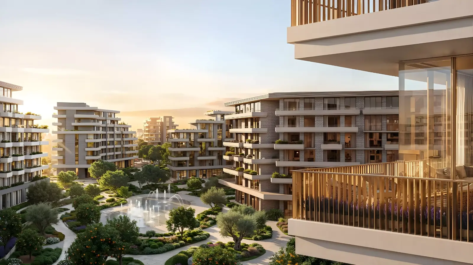 Arancia Yards 2 by Beyond — exterior aerial marketing still of low-rise blocks and landscape