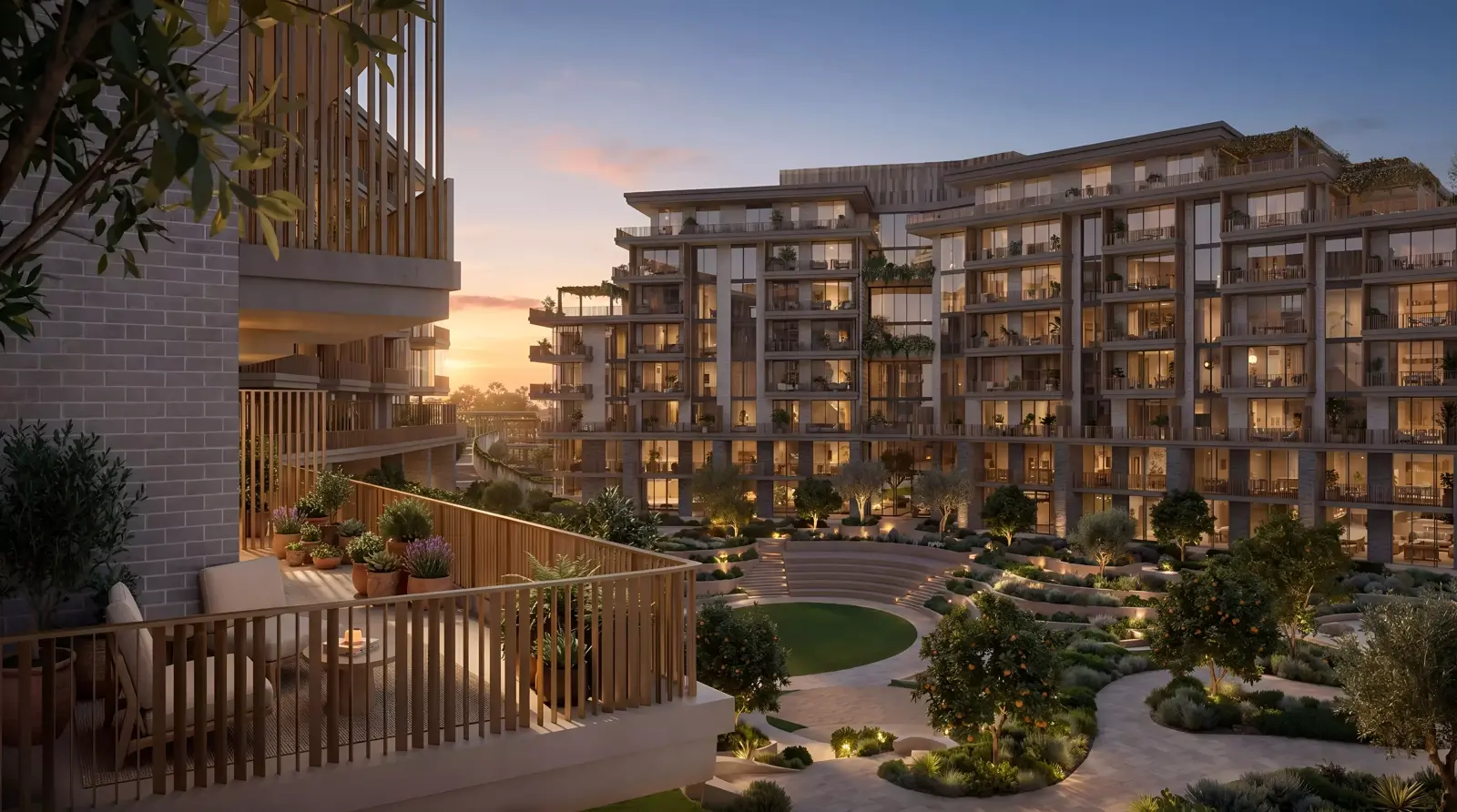 Arancia Yards by Beyond — exterior marketing still of low-rise façades and landscaped courtyards