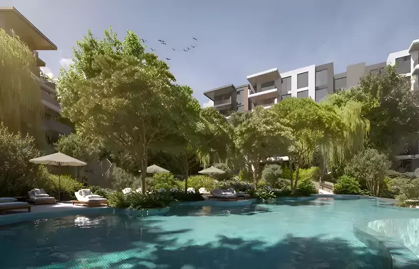 Arista at Ghaf Woods — broker exterior marketing still of forest courtyard living