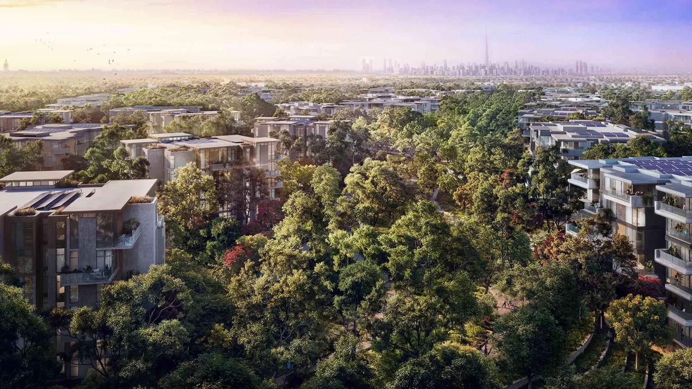 Ghaf Woods by Majid Al Futtaim — official forest-living community aerial marketing still