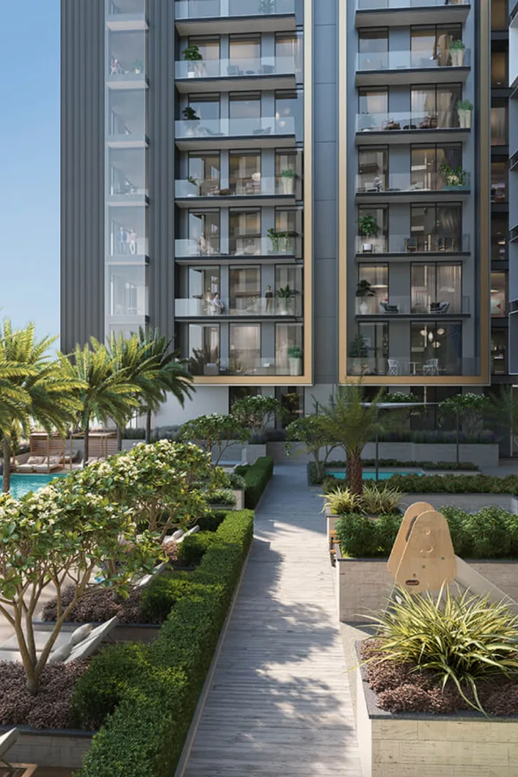 Art Bay — Propsearch marketing still of the podium garden and gold-framed balcony stack