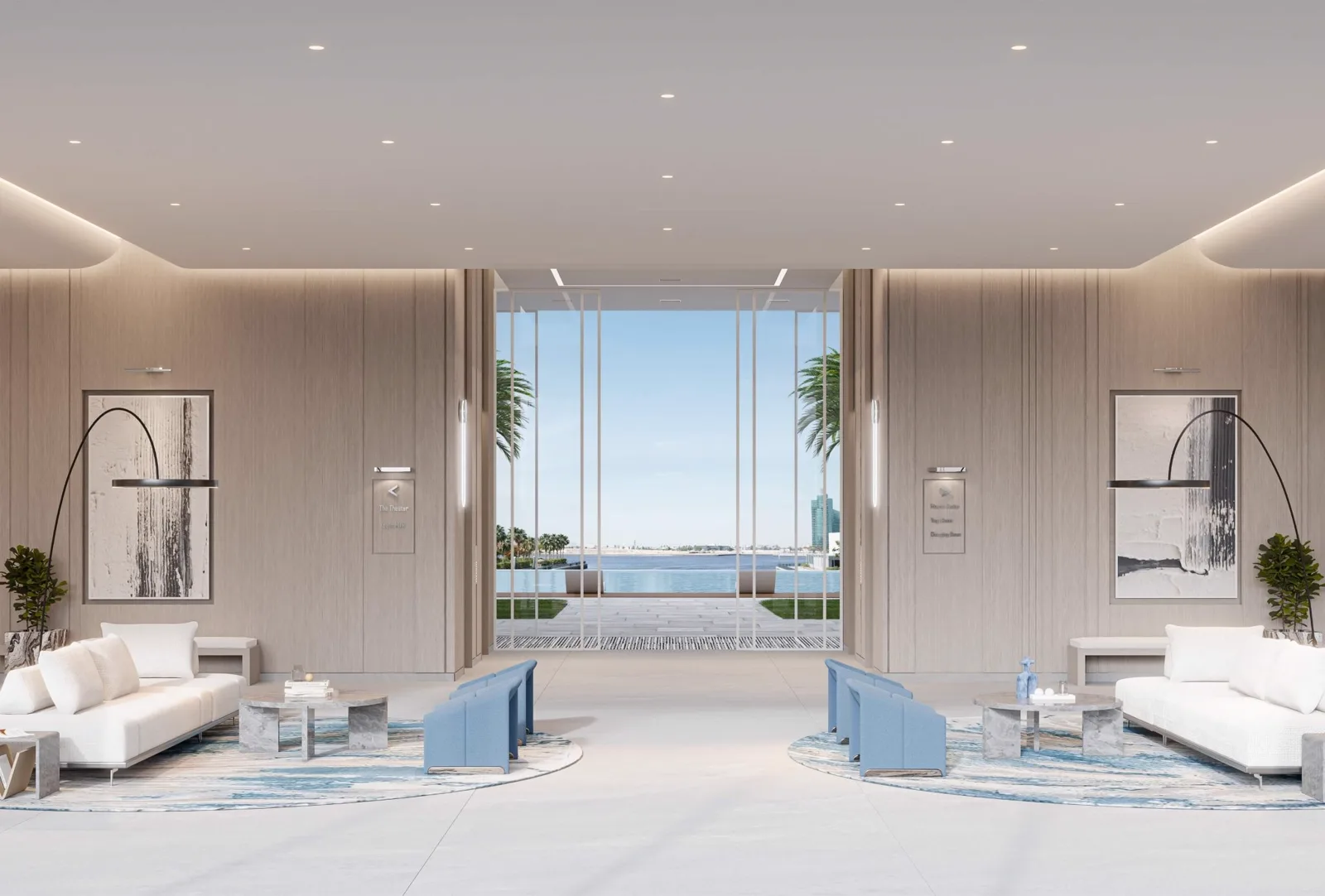 Art Bay by Ellington — official lobby marketing still looking through glass toward the creek