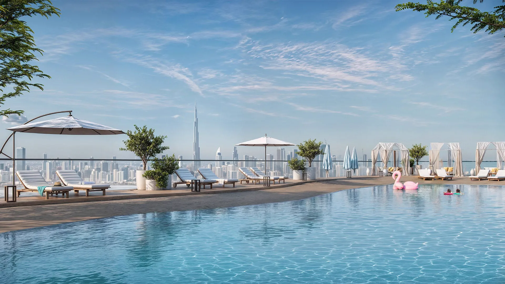 Ashley Hills — official rooftop pool render with sun loungers and a Downtown skyline