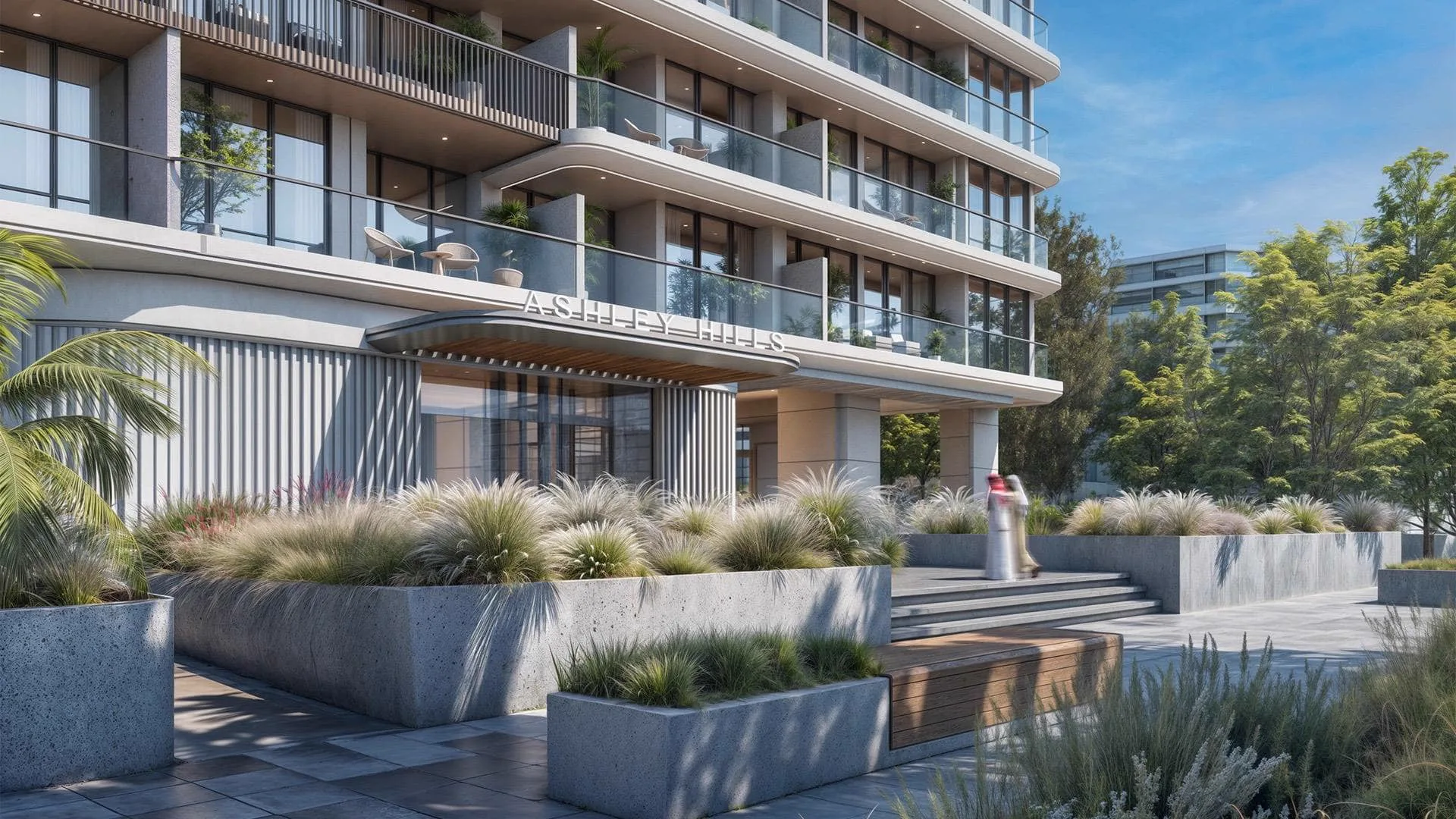 Ashley Hills — official entrance still with ASHLEY HILLS on the canopy, planted podium and glass balconies