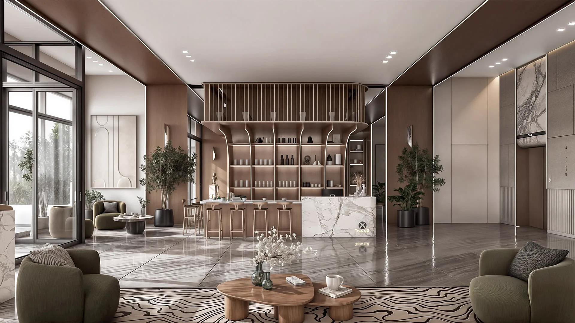 Ashley Hills — official lobby render with a TownX marble desk, timber bar and green lounge chairs