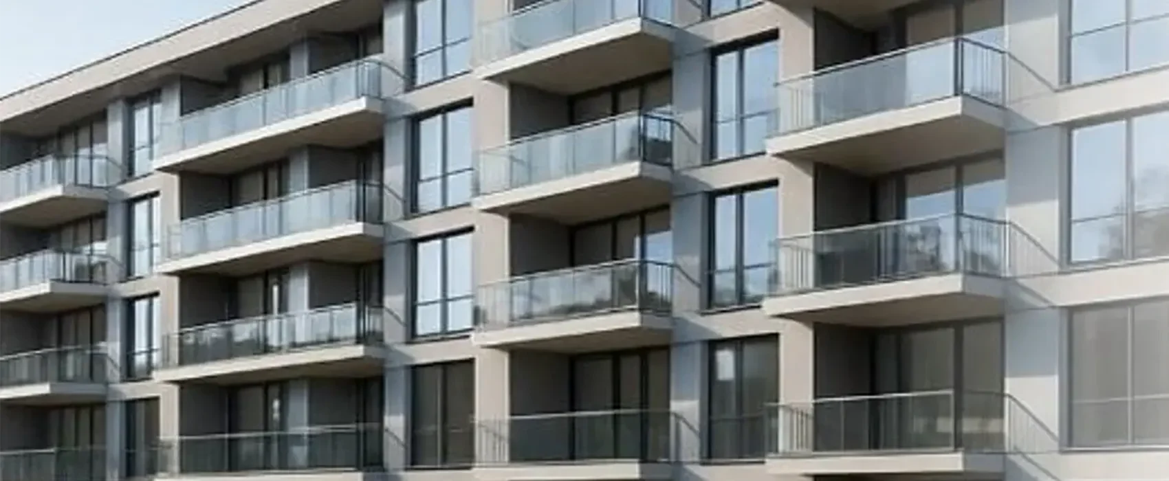 Aspin Grove — façade detail marketing still of mid-rise balconies and glazing
