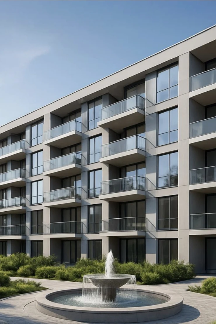 Aspin Grove — Propsearch concept still of mid-rise residential building with courtyard fountain