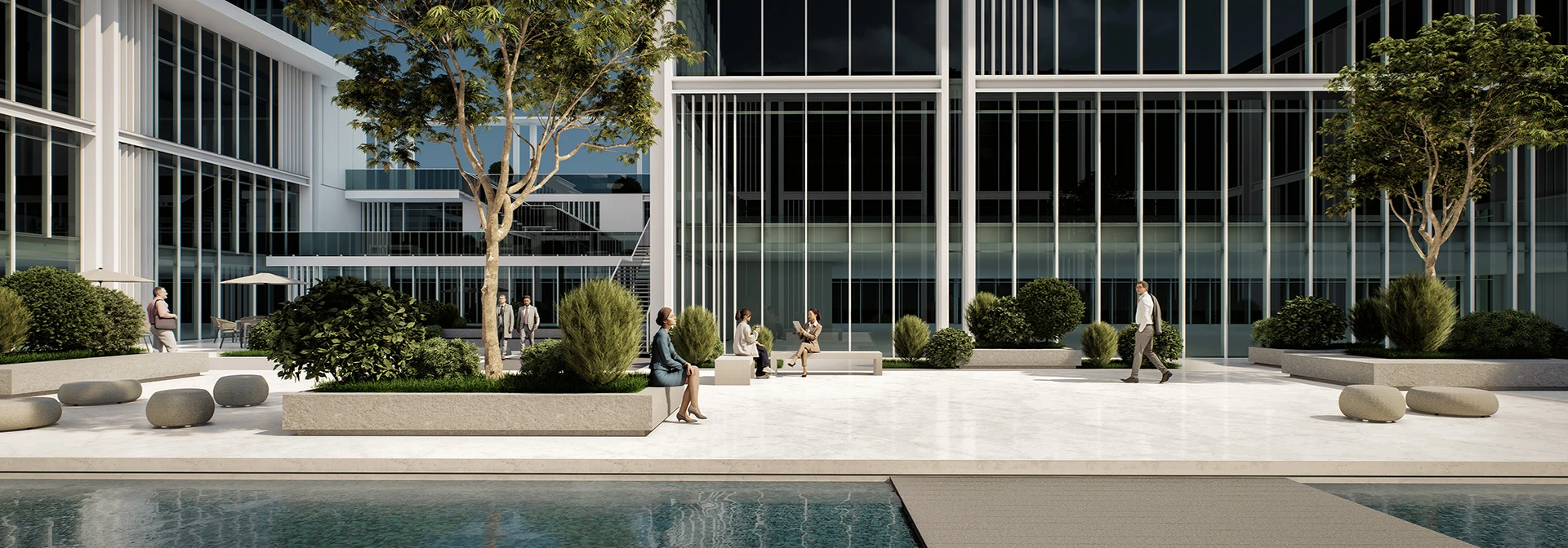 Avenue Park Towers at Wasl 1 — official landscaped courtyard and reflecting pool at the podium
