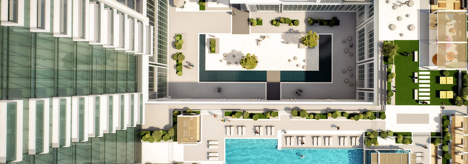 Avenue Park Towers at Wasl 1 — official overhead of the rooftop pool, deck and landscaped terrace
