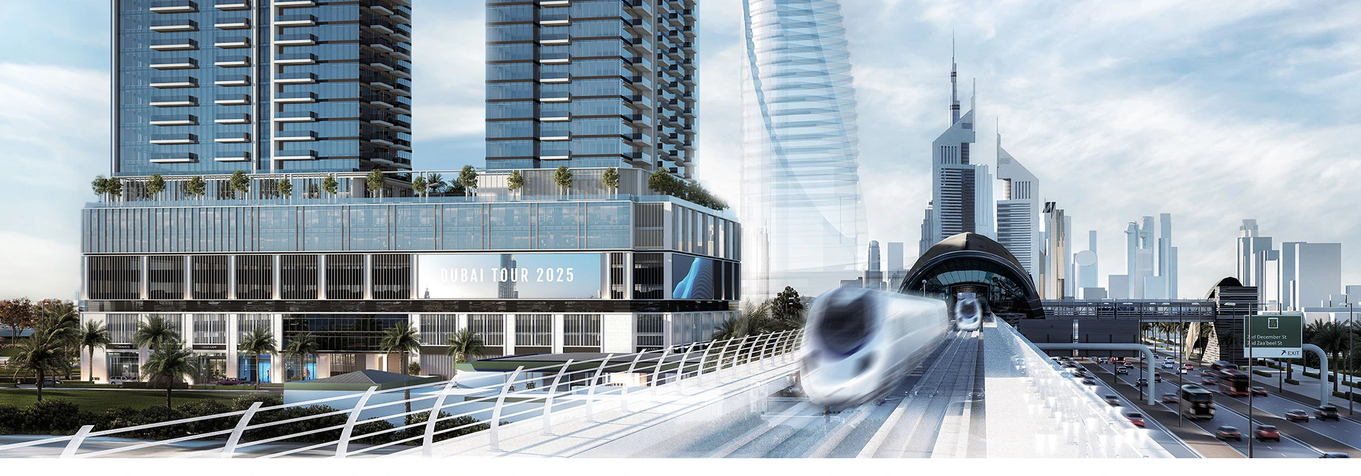 Avenue Park Towers at Wasl 1 — official daytime view of the two towers, podium and metro toward the World Trade Centre skyline