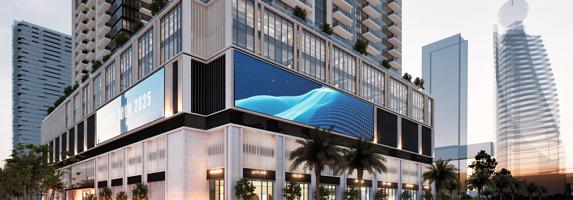 Avenue Park Towers at Wasl 1 — official dusk podium with LED screens and ground-floor retail