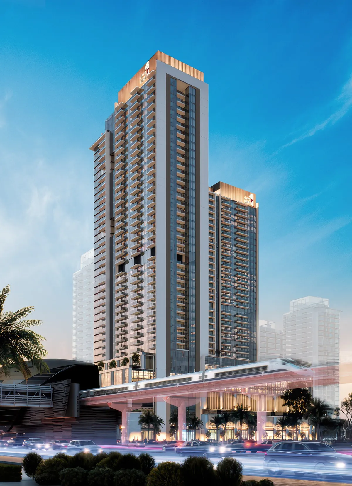 Avenue Park Towers at Wasl 1 — official press still of the taller stacked-balcony tower and shorter sibling above the metro