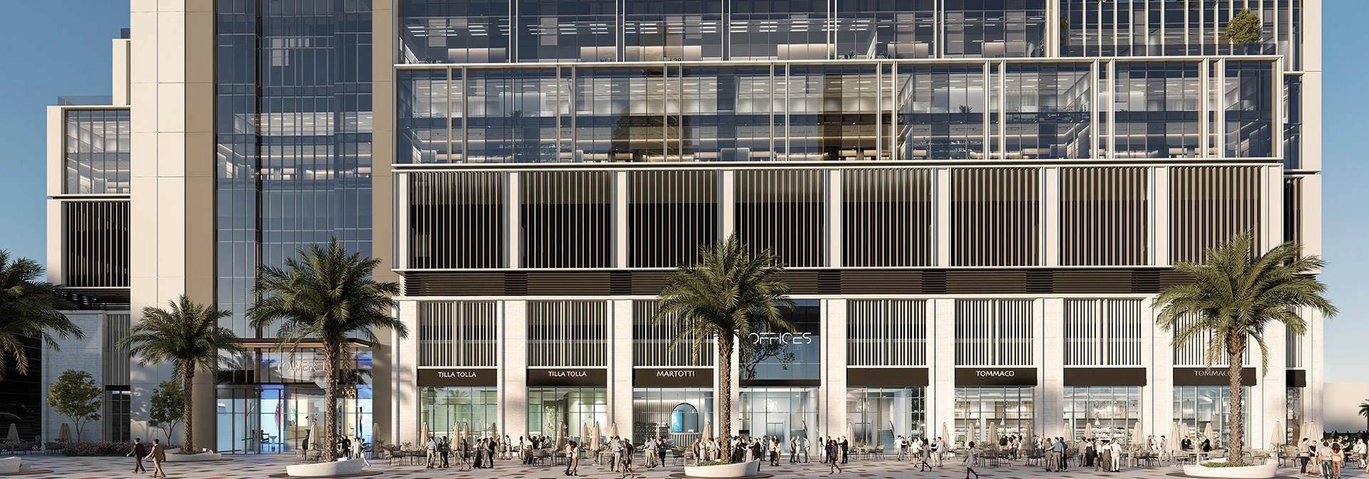 Avenue Park Towers at Wasl 1 — official street-level retail and office podium with Tower A entrance