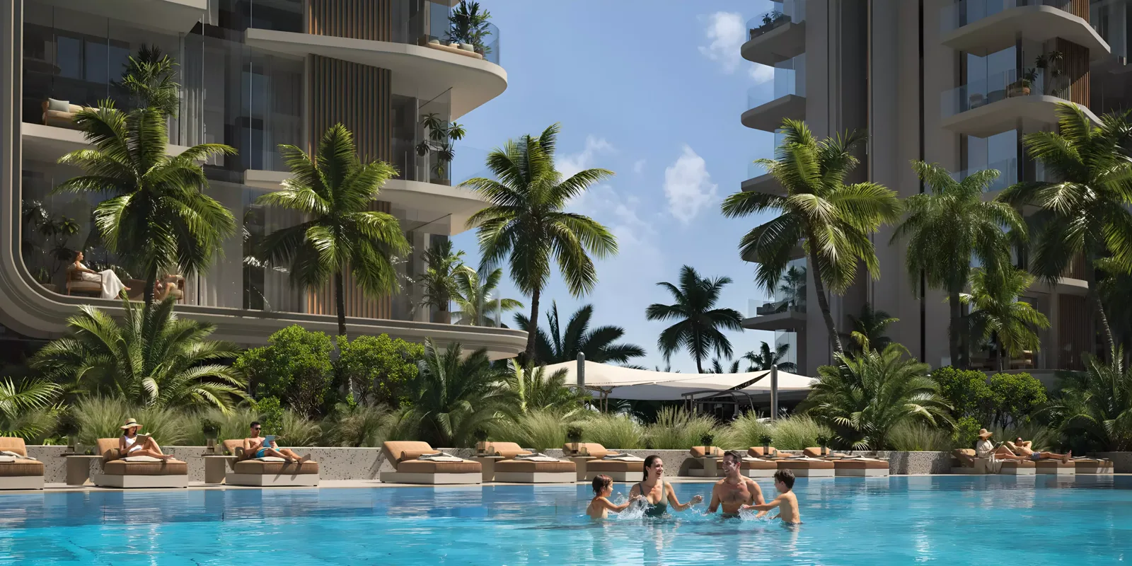 Azizi Jaddaf Beach Oasis — architecture and streetscape marketing still