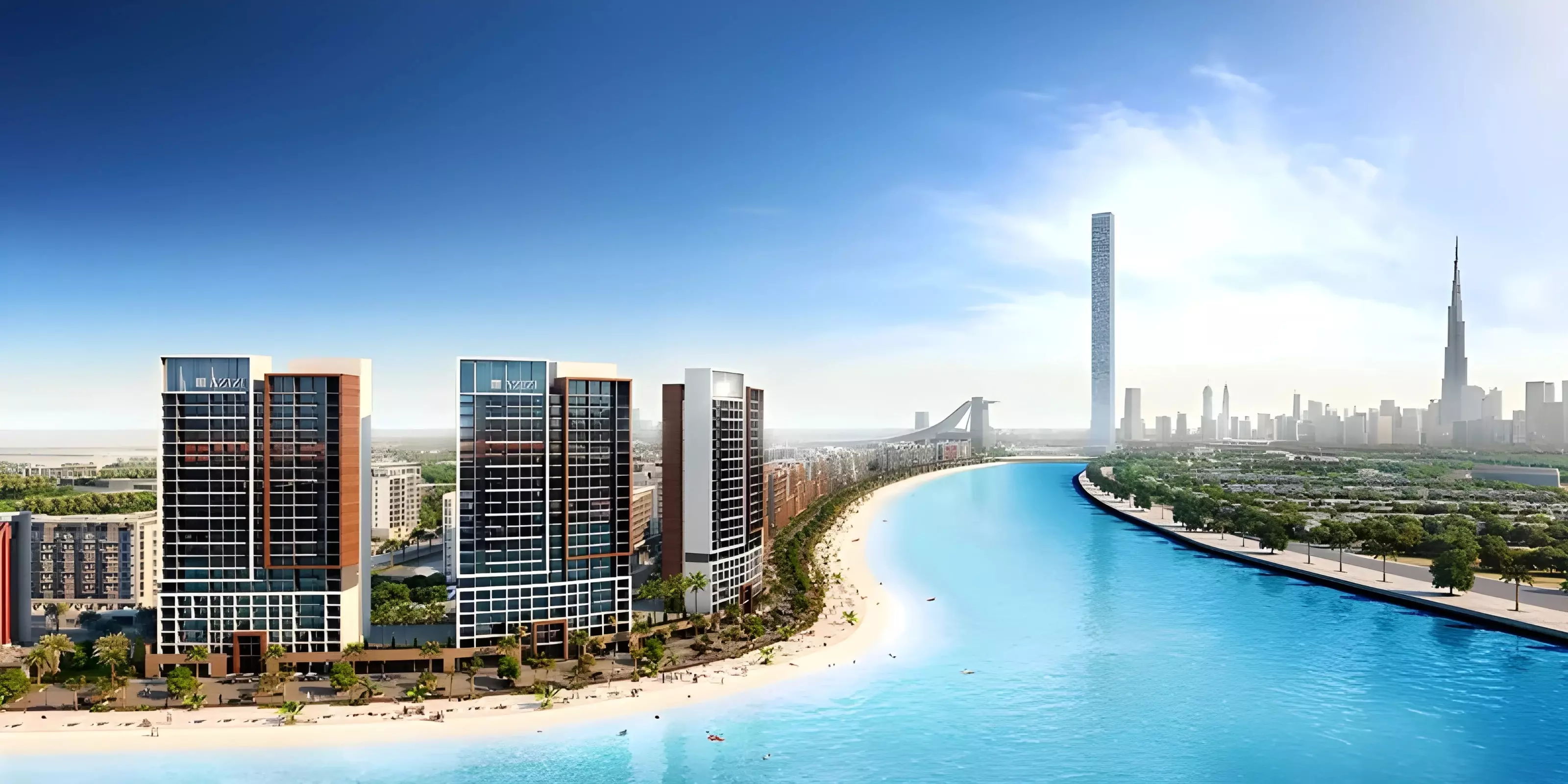 Azizi Riviera master-community waterfront CGI used on the Property Finder card — not a photo of tower 55
