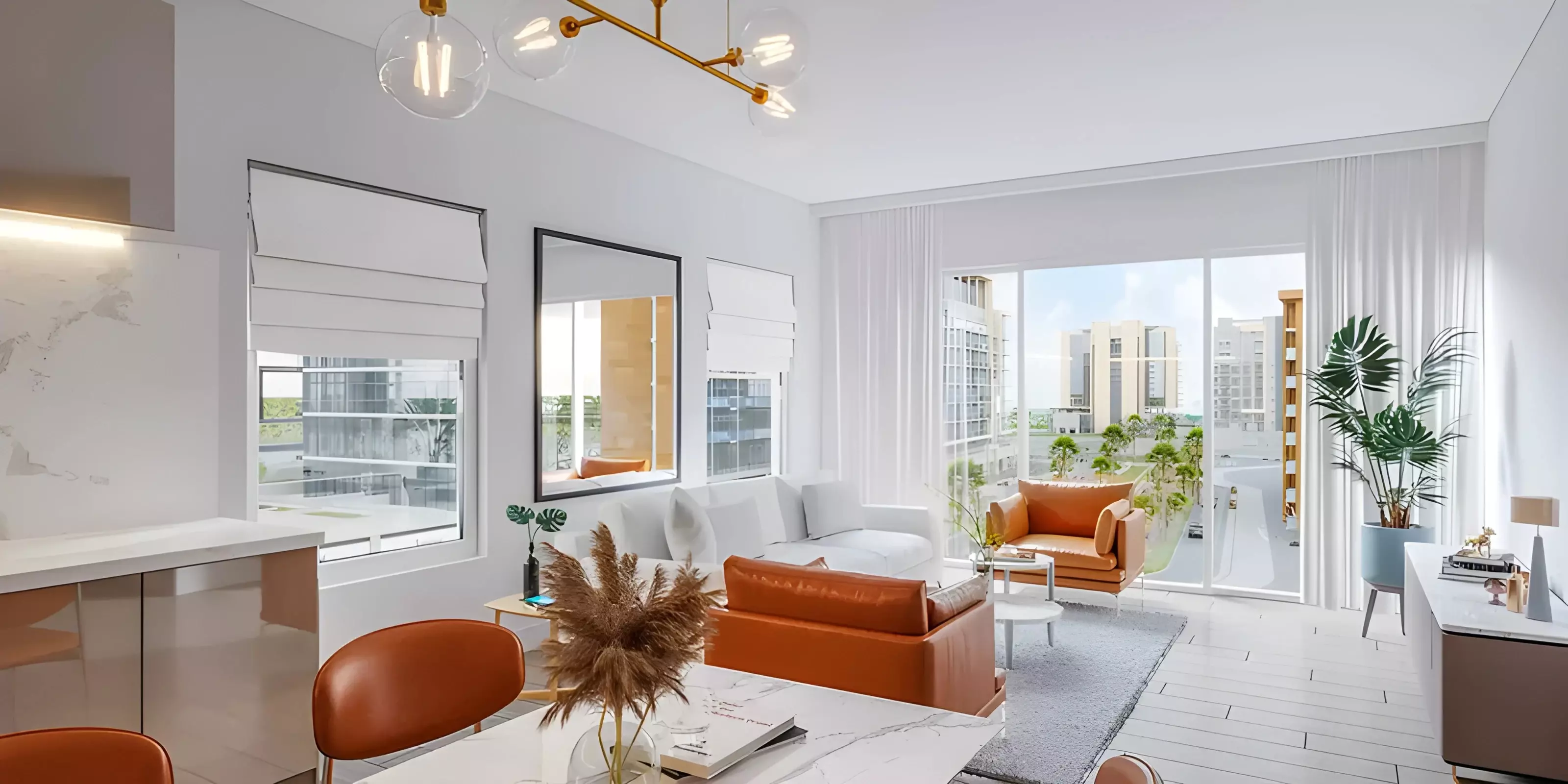 Azizi Riviera 55 marketing interior — living room looking onto the wider Riviera streets