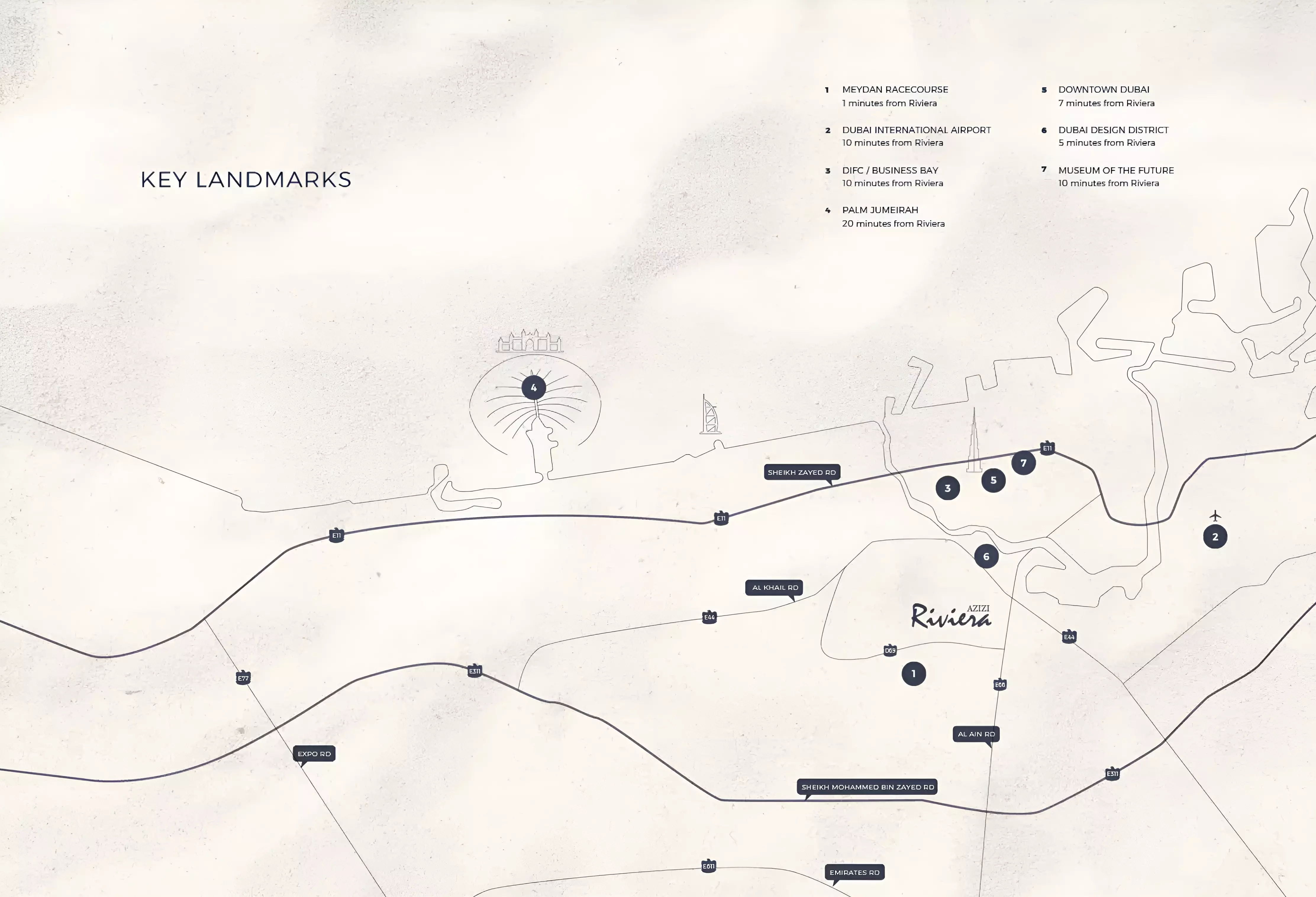 Azizi Riviera key-landmarks map from the Property Finder masterplan card — community pin, not a floor plan
