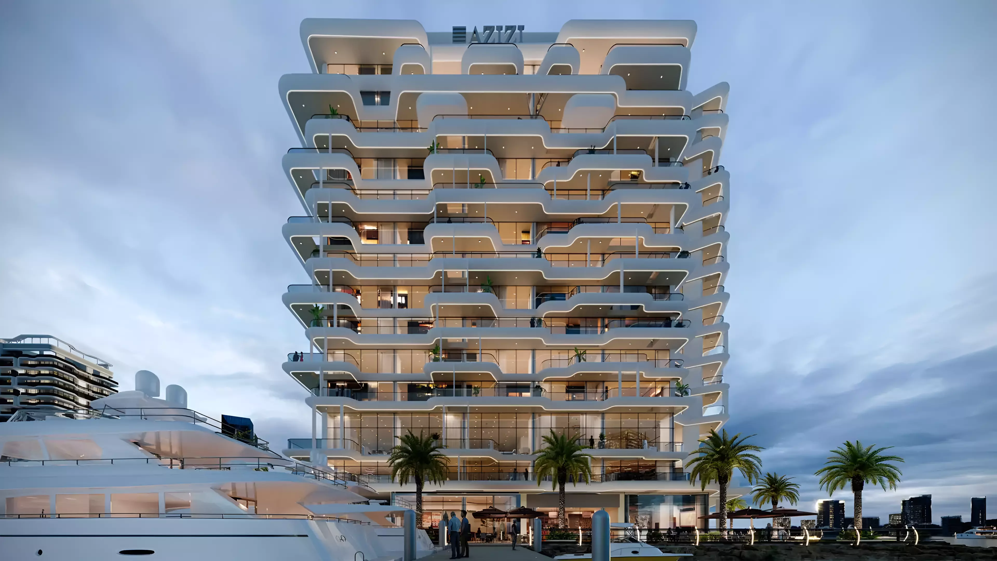 Azizi Wasel — dusk front elevation CGI with stacked white terraces, yacht berth and AZIZI crown